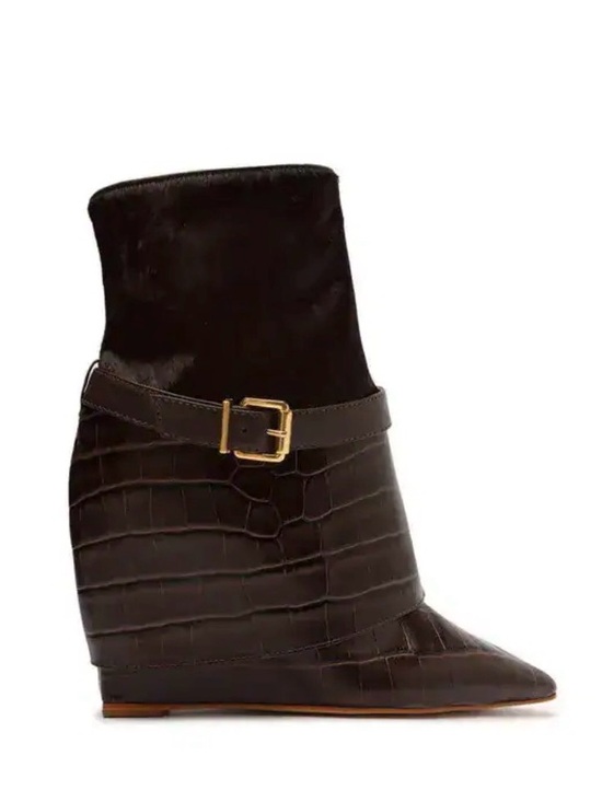 SCHUTZ Shoes - SCHUTZ Dark Brown Croc-Embossed Pointed Toe Ankle Boots with Gold Buckle